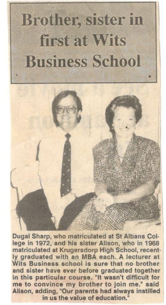 Alison Foote nee Sharp and Dugal Sharp, MBA, 1990